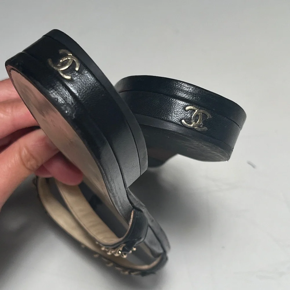 CHANEL Black and Gold Chain Sandals